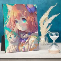 Anime Girl Holding an Adorable Kitten Plaque