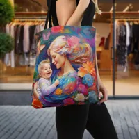 Mother with Baby Boy Colorful Painting Tote Bag