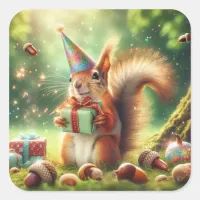 Cute Squirrel in Birthday Hat   Square Sticker