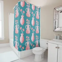 Beautiful Pink Floral Pattern on Blue Shower Curtain
