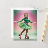 Adorable Ice Skating Cat in Green and Pink Postcard