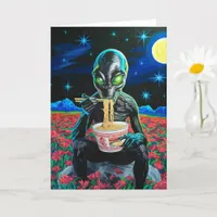 Black Alien Green Eyes Eating Noodles All Occasion Card