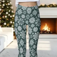 Dark Green and White Snowflake Pattern Christmas Leggings