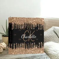 Black gold glitter drips monogram initials name  3 ring binder