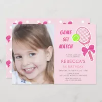 Tennis Coquette Pink Bow Photo Girl Birthday Invitation