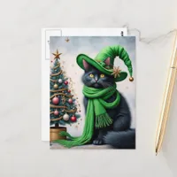 Black Witch Cat and a Yule Tree Adorable Postcard