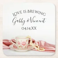 Pink Floral Tea Cup Pearls Wedding Love is Brewing Square Paper Coaster