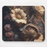 Steampunk Gears and White Flowers  Mouse Pad