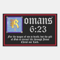 Romans 6:23 Gold Illuminated Letter Bible Verse Rectangular Sticker