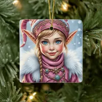 Adorable Pink Elf Festive Christmas  Ceramic Ornament