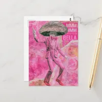 A silly pink retro dancing bella mushroom postcard