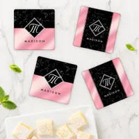 Elegant Black Marble & Pink Foil Monogram Coaster Set