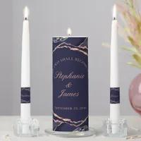 Elegant Navy Blue Rose Gold Foil Agate Wedding Unity Candle Set