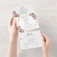 Gold Glitter Geo Pink Floral Wedding RSVP Photo All In One Invitation