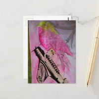 Cute Pink Yellow Bird and Vintage Plane Collage Postcard