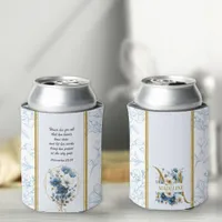 Modern Blue White Floral Bible Verse Monogram Can Cooler