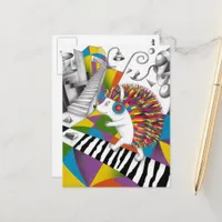A surreal colorful hedgehog listens to music postcard