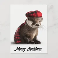 Cute Adorable Christmas Otter in Plaid Holiday Postcard