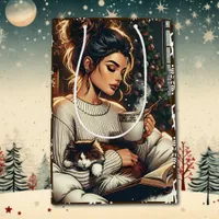 Cozy Scene | Woman Drinking Cocoa Christmas Medium Gift Bag