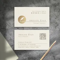 Elegant Creamy White and Gold Feather Logo Notary Business Card