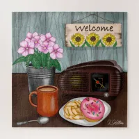 Welcome, Sunflowers, Donuts and Coffee Jigsaw Puzzle