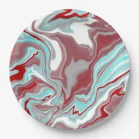 Teal, Burgundy, Red and White Marble Swirls   Paper Plates