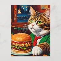 Adorable Cat at a Vintage Diner Cheeseburger Postcard