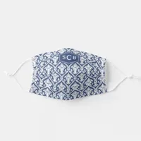 Navy Blue Damask Pattern 3 Initial Monogram Adult Cloth Face Mask