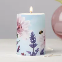 Summer Design Watercolor Daisy Lavender Bee Floral Pillar Candle