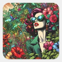 Beautiful Woman in Garden of Flowers Square Sticker