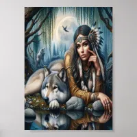 Mystical A Native American Woman With Wolves   7x5 Poster