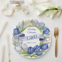 Elegant Watercolor Tulip Wreath Wedding Blue Ivory Paper Plates