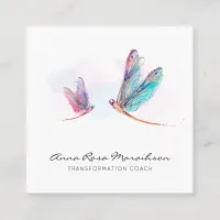 *~* Pastel Blue Pink Watercolor Dragonfly Business Square Business Card