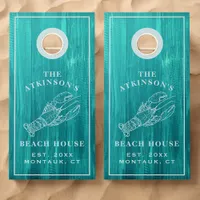 Coastal Lobster Beach House Teal Wood Family Name Cornhole Set