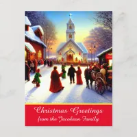 Christmas Greetings Villagers Go To Church Kitsch Holiday Postcard