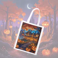 Spooky villa in the forest, pumpkins, Halloween Grocery Bag