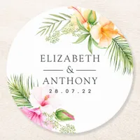 Watercolor Tropical Floral Beach Wedding Round Paper Coaster