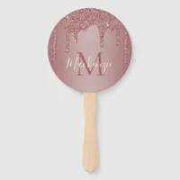 Chic Rose Gold Sparkle Glitter Drips Monogram Hand Fan
