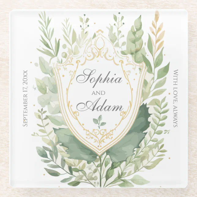 Rustic Watercolor Greenery Wedding Customized  Glass Coaster