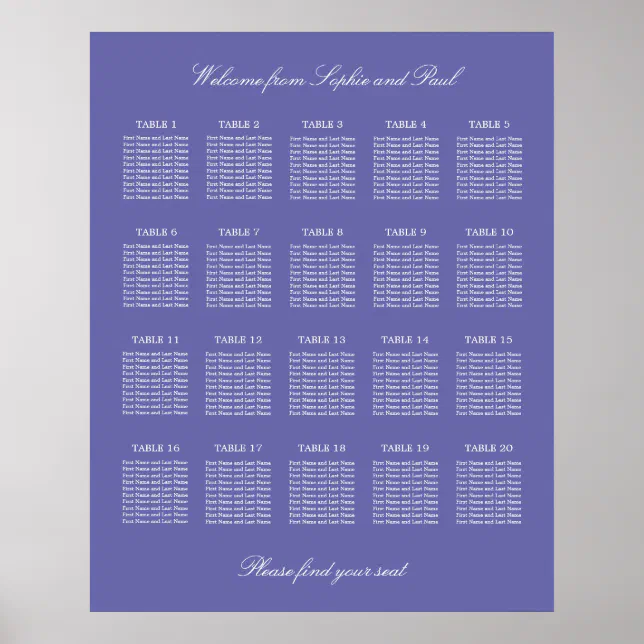 Lavender 20 Table Wedding Seating Chart Poster