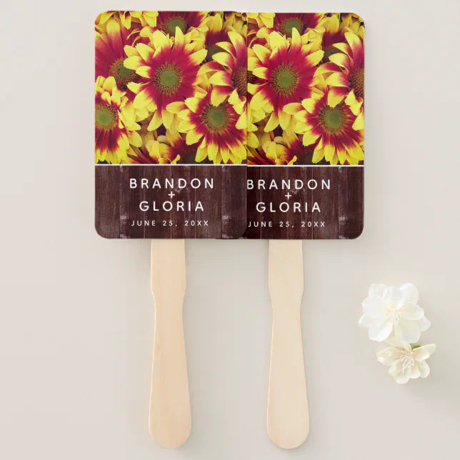 Rustic Autumn Sunflowers on Fence Wedding Hand Fan