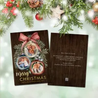 Rustic Wood 3 Photo Christmas Ornaments Elegant Foil Holiday Card