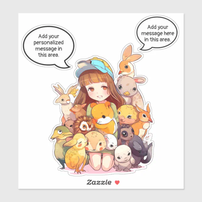 Cute girl with animals cartoon sticker