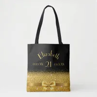 21st birthday black gold bow name tote bag