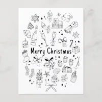 Trendy Modern Hand Drawn Budget Black & White Xmas Postcard