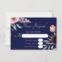 Navy Blue and Burgundy Floral Wedding RSVP Card