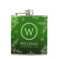 Festive Green Foil Snowflakes Monogram Name Flask