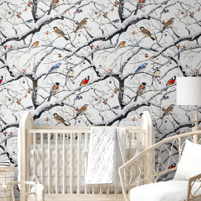 Cute Winter Tree Birds Berries Nature Nursery Room Wallpaper