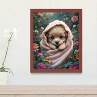 Cute, tiny, fluffy puppy surrounded by flowers framed art