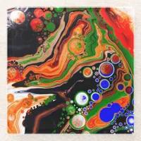 Personalized Orange, Blue, Green, Black Fluid Art  Glass Coaster